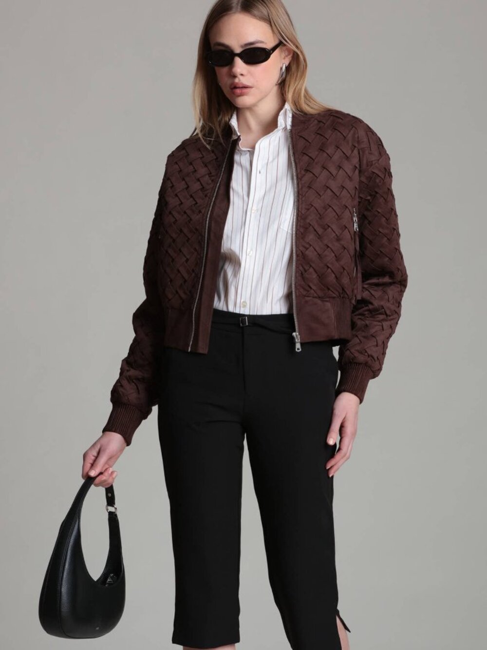 Avec Les Filles Faux Suede Woven Bomber Jacket Size XS M L - Picture 7 of 11